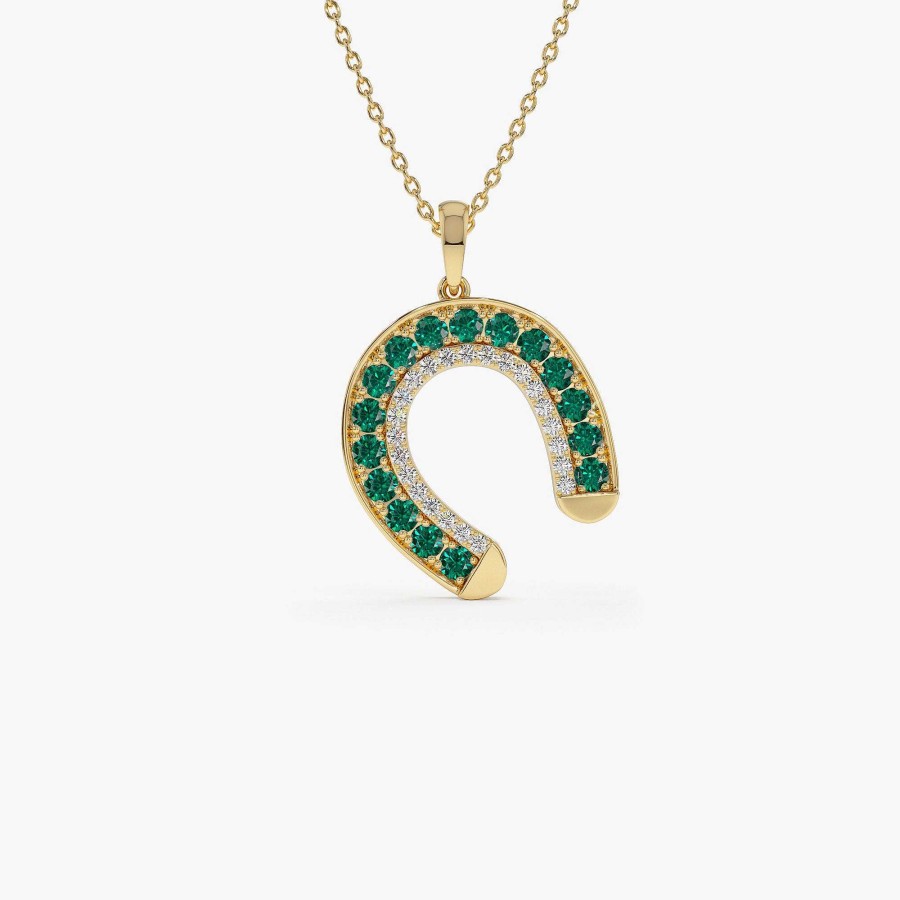 Necklaces Ferkos Fine Jewelry | 14K Emerald And Diamond Horseshoe Pendant