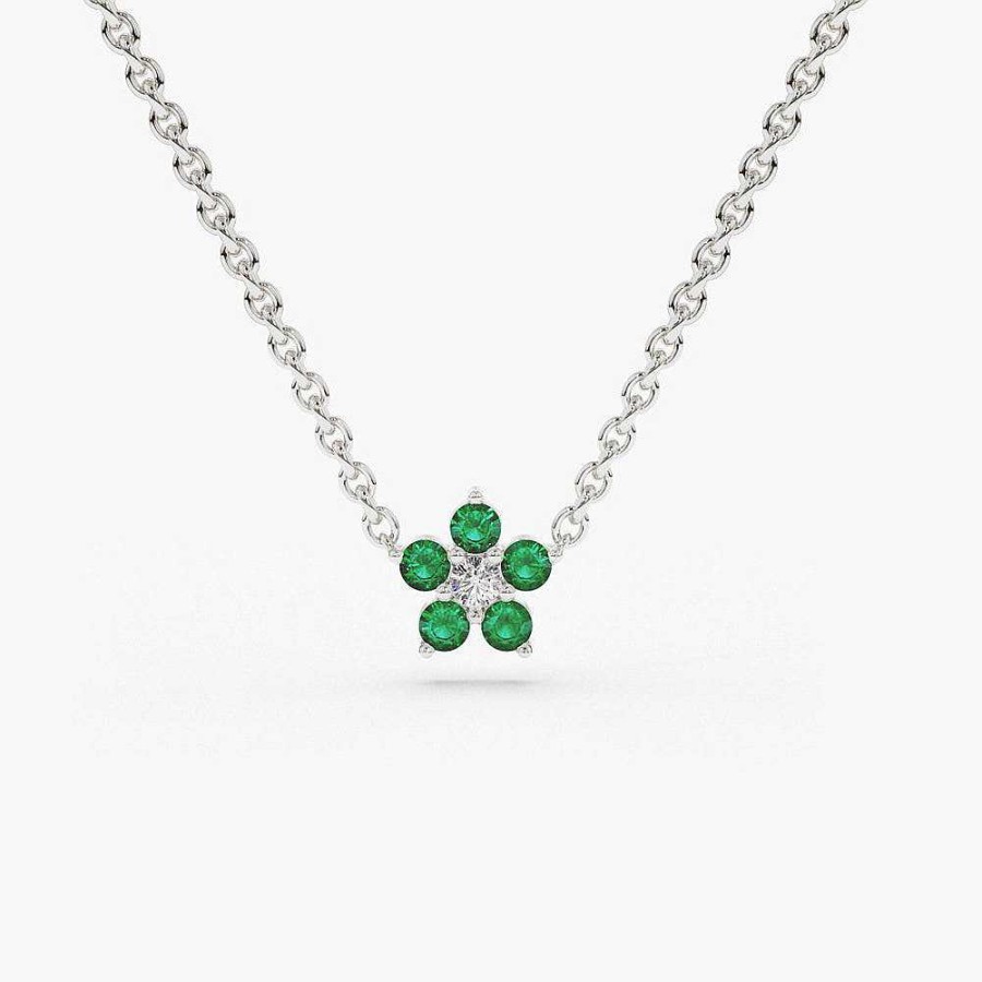 Necklaces Ferkos Fine Jewelry | 14K Emerald And Diamond Flower Charm Necklace