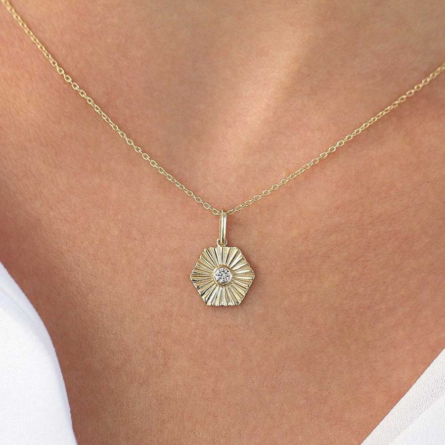 Necklaces Ferkos Fine Jewelry | Hexagon Diamond Disc Ray Necklace