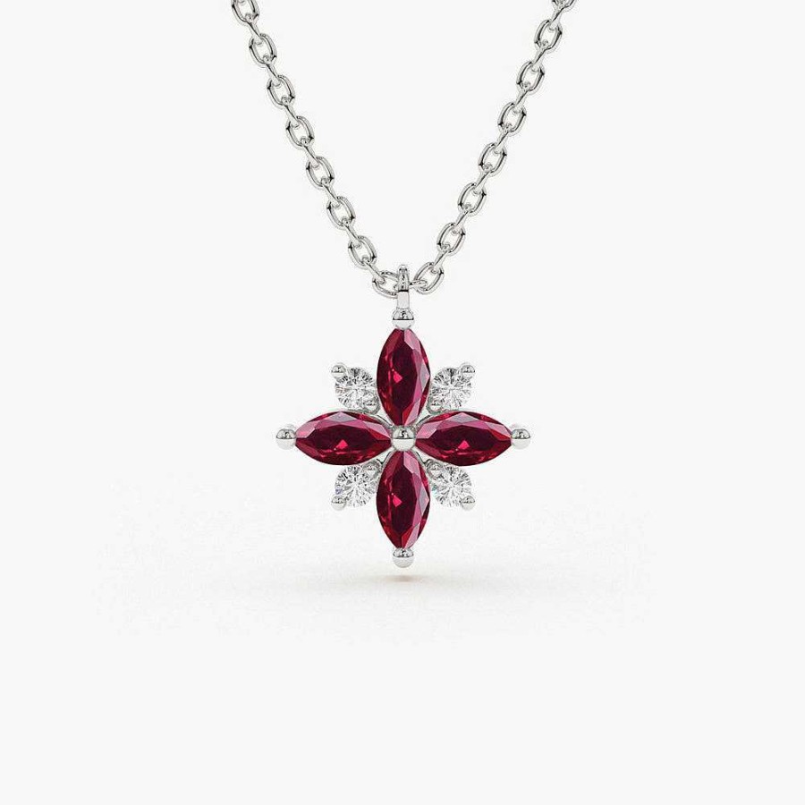 Necklaces Ferkos Fine Jewelry | 14K Floral Design Marquise Ruby And Diamond Pendant