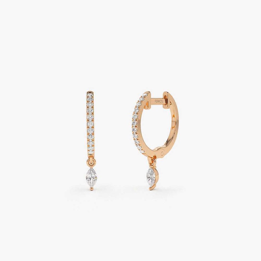 Earrings Ferkos Fine Jewelry | 14K Diamond Huggies With A Dangling Marquise Diamond