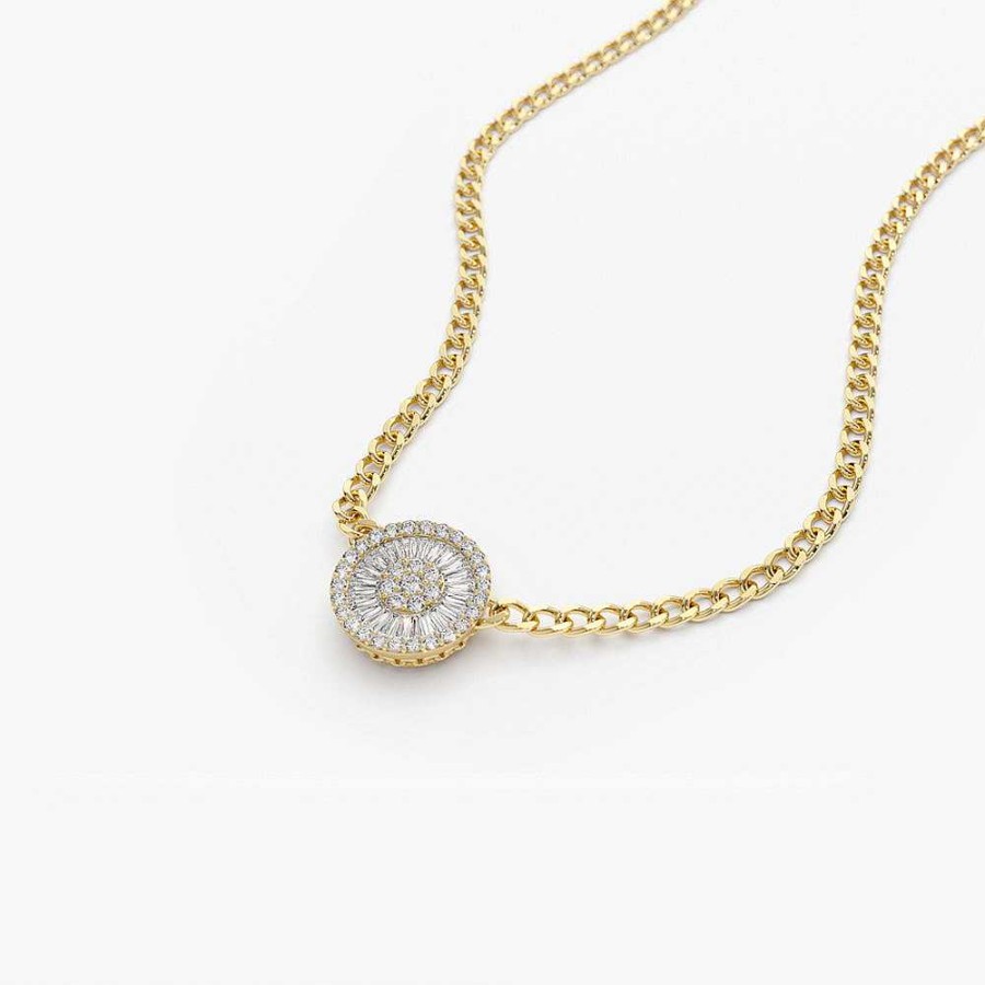 Necklaces Ferkos Fine Jewelry | 14K Gold Curb Link Baguette Diamond Disc Cluster Necklace