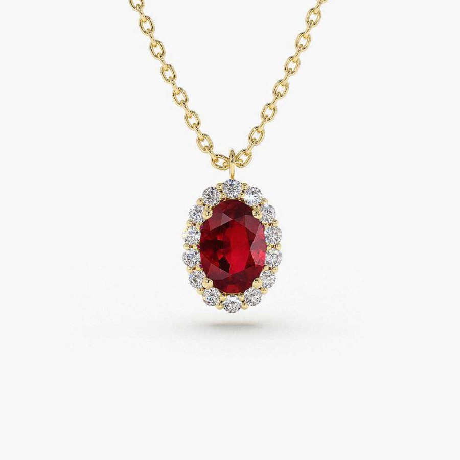 Necklaces Ferkos Fine Jewelry | Oval Cut Ruby Halo Diamond Necklace